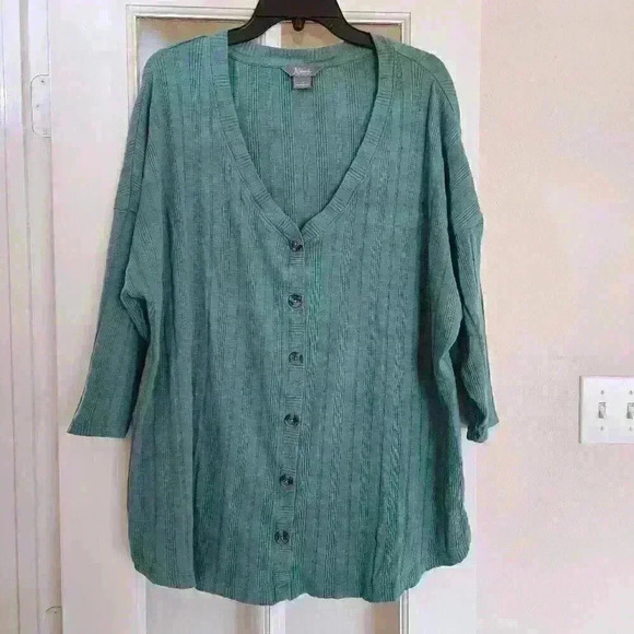 Natural Reflections Women's Ribbed VNeck Button Up 3/4 Sleeve Top 1X Fall Comfy - Picture 1 of 7